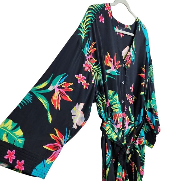 Vici Black Hawaiian Floral Button Up Belted Swimsuit Cover Up Womens Size Small - Picture 5 of 11